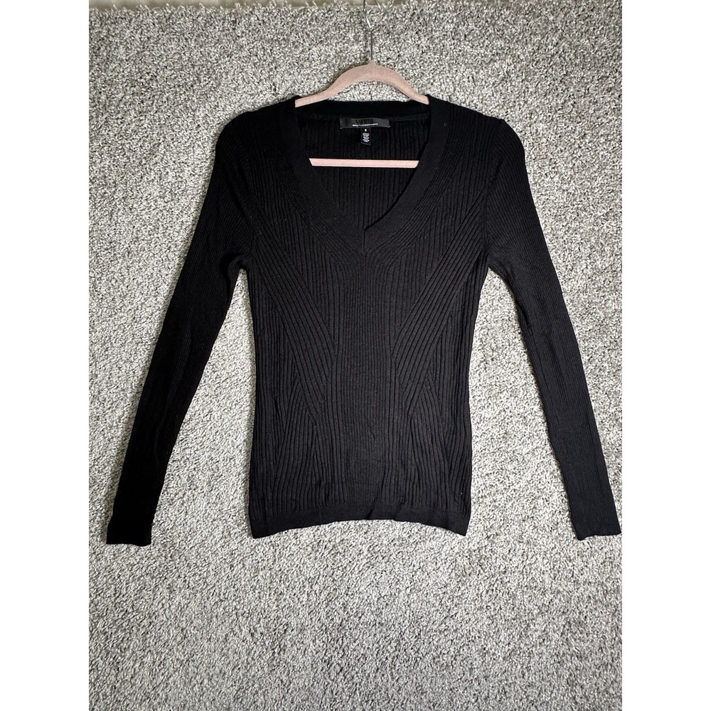 WHBM Black Ribbed Knit Sweater Small V Neck Long Sleeve Stretch